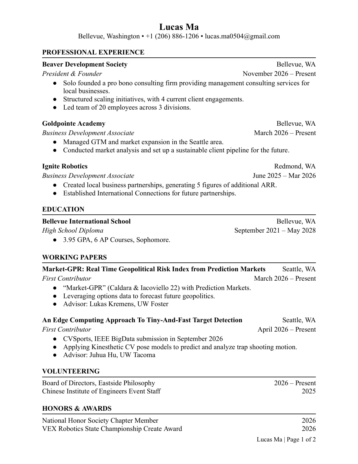 Lucas Ma Curriculum Vitae Page 1