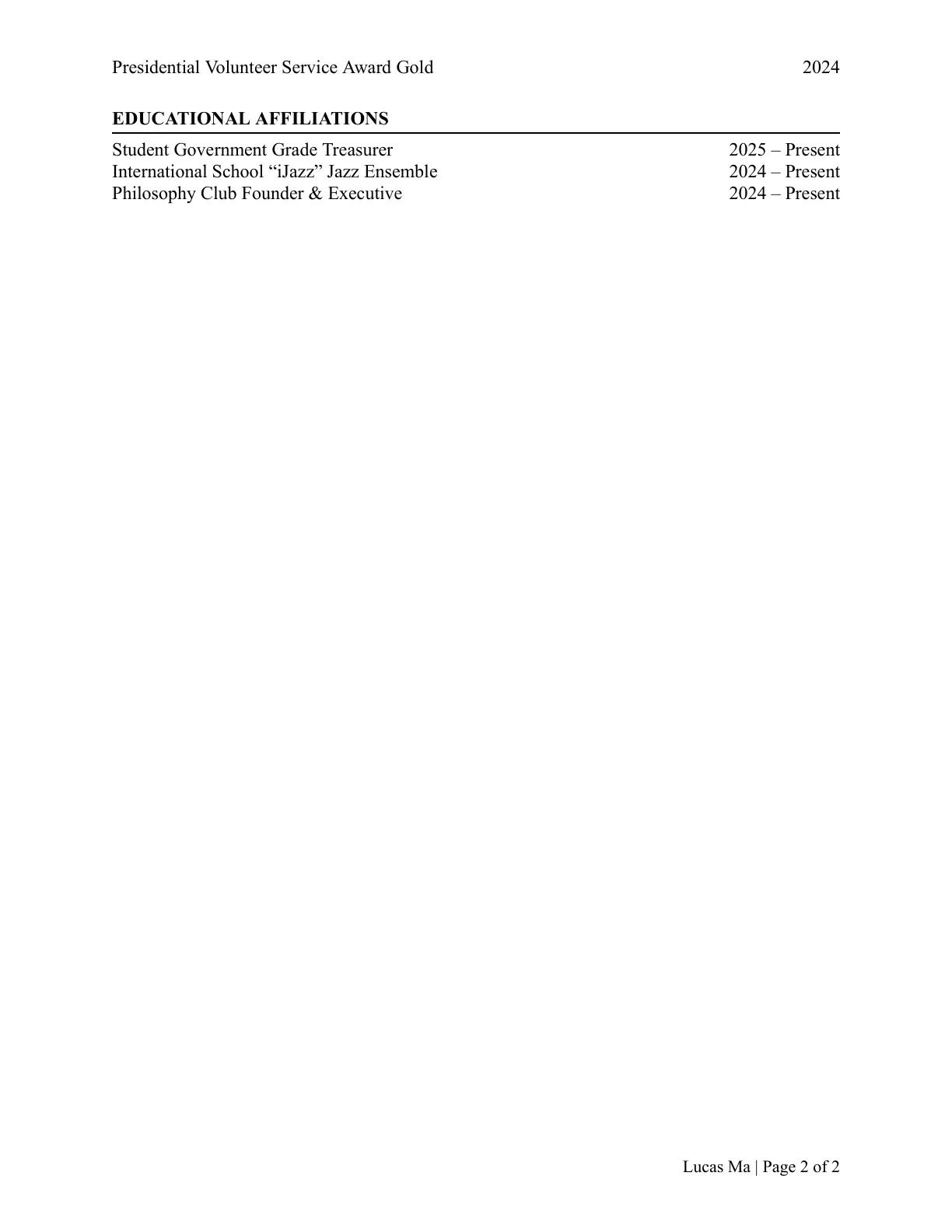 Lucas Ma Curriculum Vitae Page 2